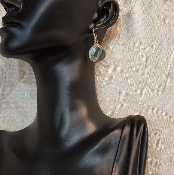 VINTAGE BLUE TOPAZ ROUND BEZEL DROP EARRINGS GOLD PLATED 1980s - Picture 4 of 11